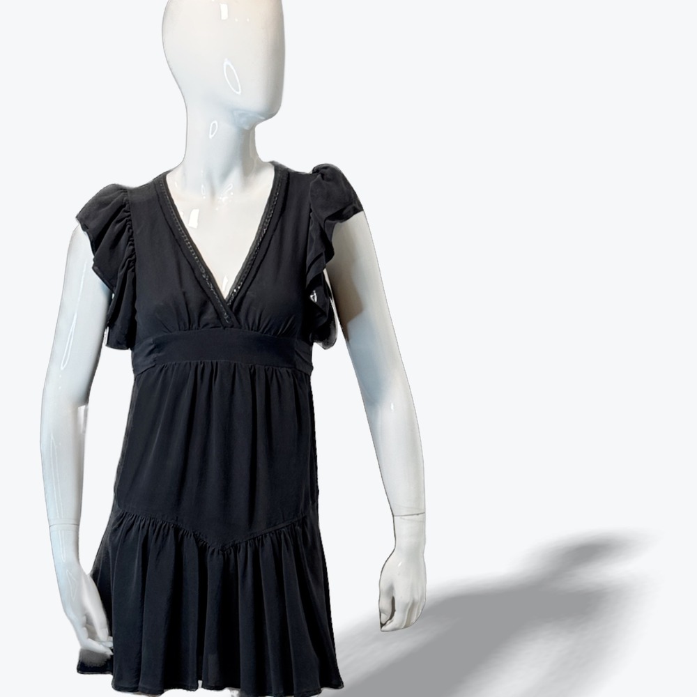 Guess by Marciano Little Black Mini Dress Silk Sequin Trim Flutter Sleeve XS